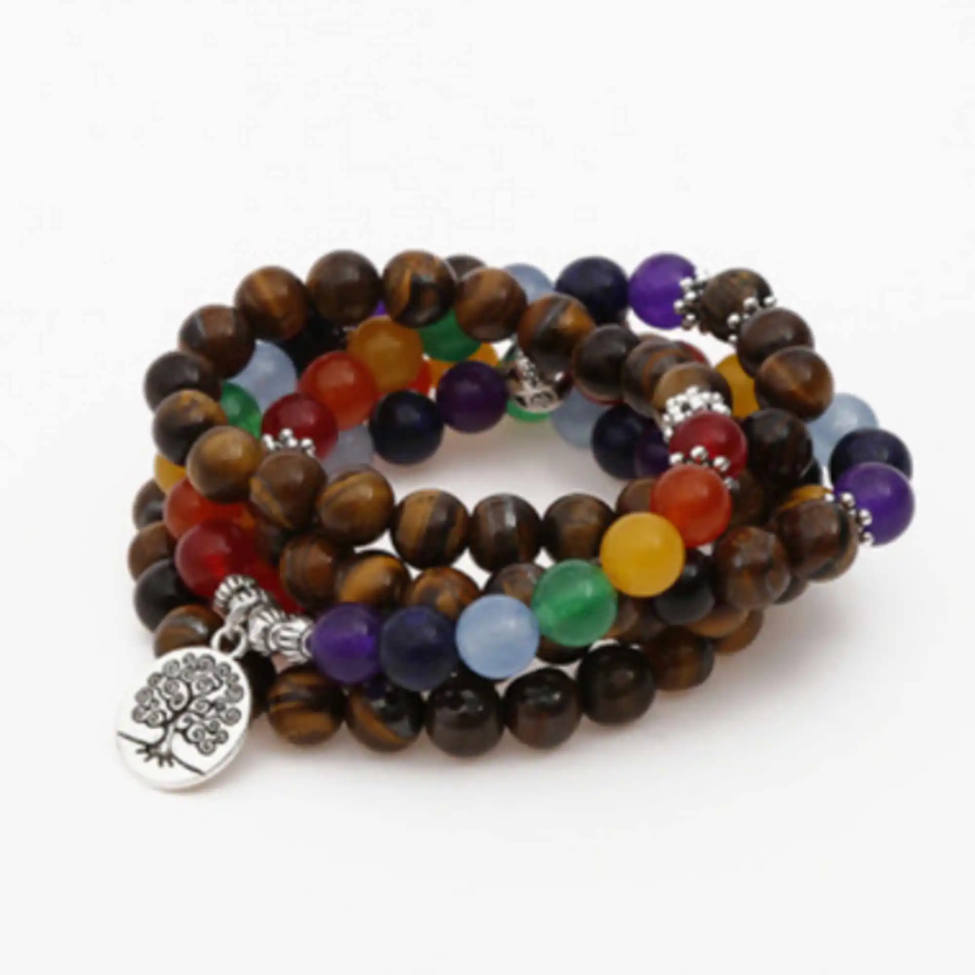 

6mm 7 Chakras Tigers Eye Bracelet 108 Beads Life Tree Bless Yoga Mala Bohemian Relief Prayer Women Yoga Mala Men