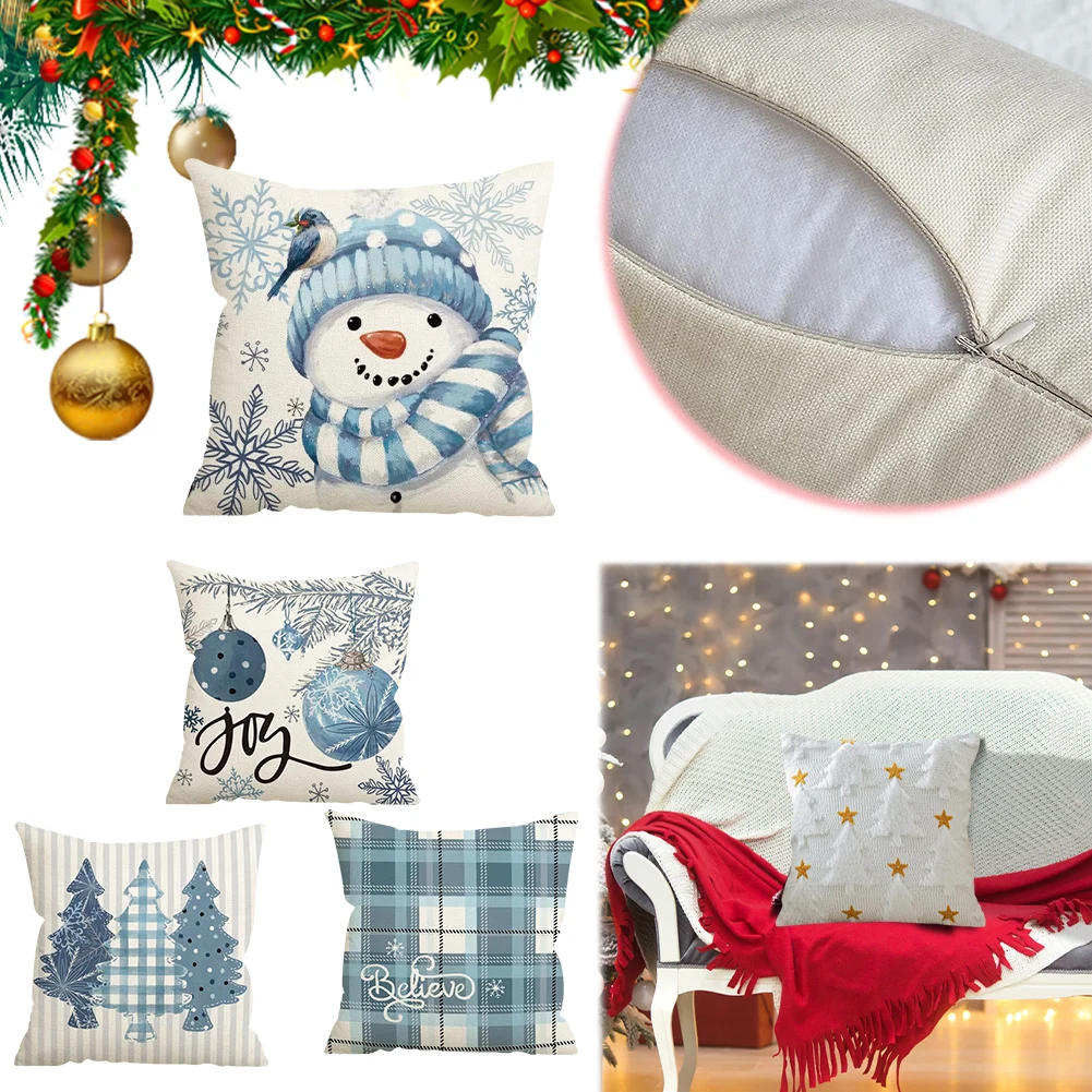 4 PCS Linen Throw Pillow Covers Snowman Joy Snowflake Holiday Cushion Pillow Cover Christmas Home Sofa Couch Indoor Decorations