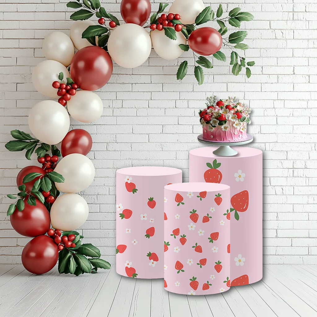 1set (3 Pcs) Cylinder Covers Cute Strawberry Birthday Party Decoration Stretchy Pedestal Cover Baby Shower Tablecloth Props