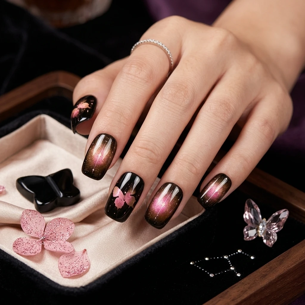 10pcs Press on Nails Resin 3D Butterfly Red Cat Eye Effect False Nails for Wedding Party Holiday Photography Durable