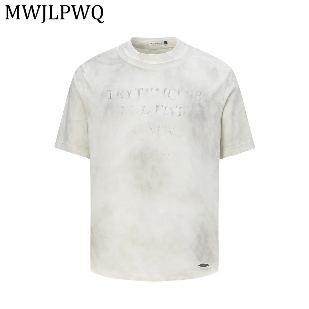 

Мужская футболка с коротким рукавом и потертостями, с принтом букв, в стиле хип-хоп, летняя, повседневная, весенняя, модель 14153