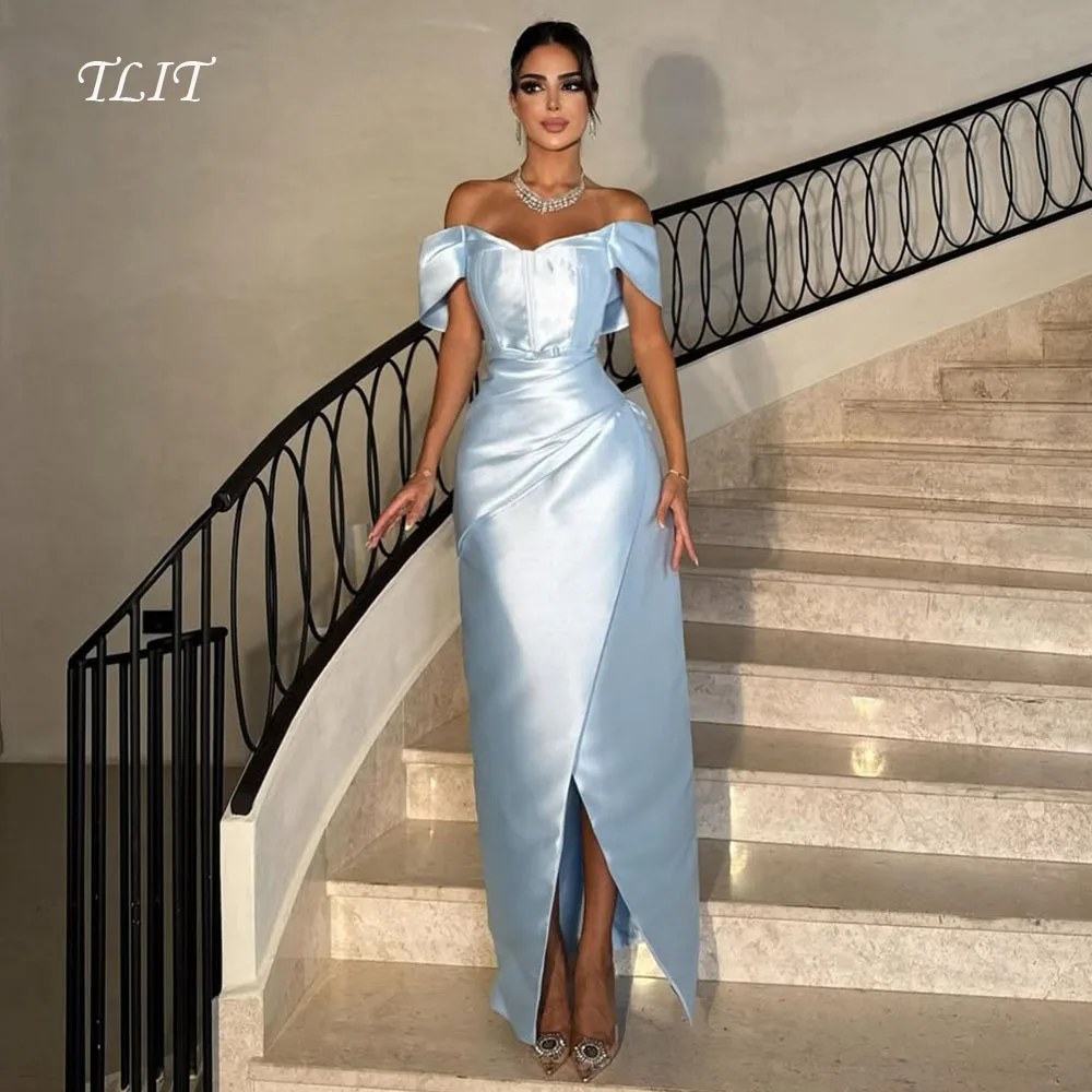 TLIT-vestidos de noche elegantes de satén de seda azul, vestidos de noche personalizados, vestidos de graduación hasta el tobillo con hombros descubiertos