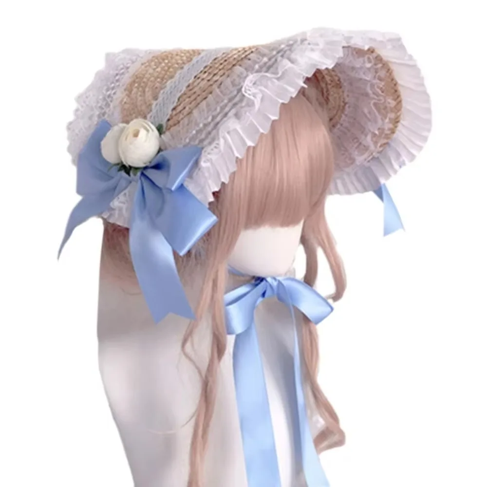 French Rural Style Lolita Straw Hat Ruffle Lace Ribbon Bow Girl Sun Hat With Strap Ribbon Flower Handmade Flat Top Hat