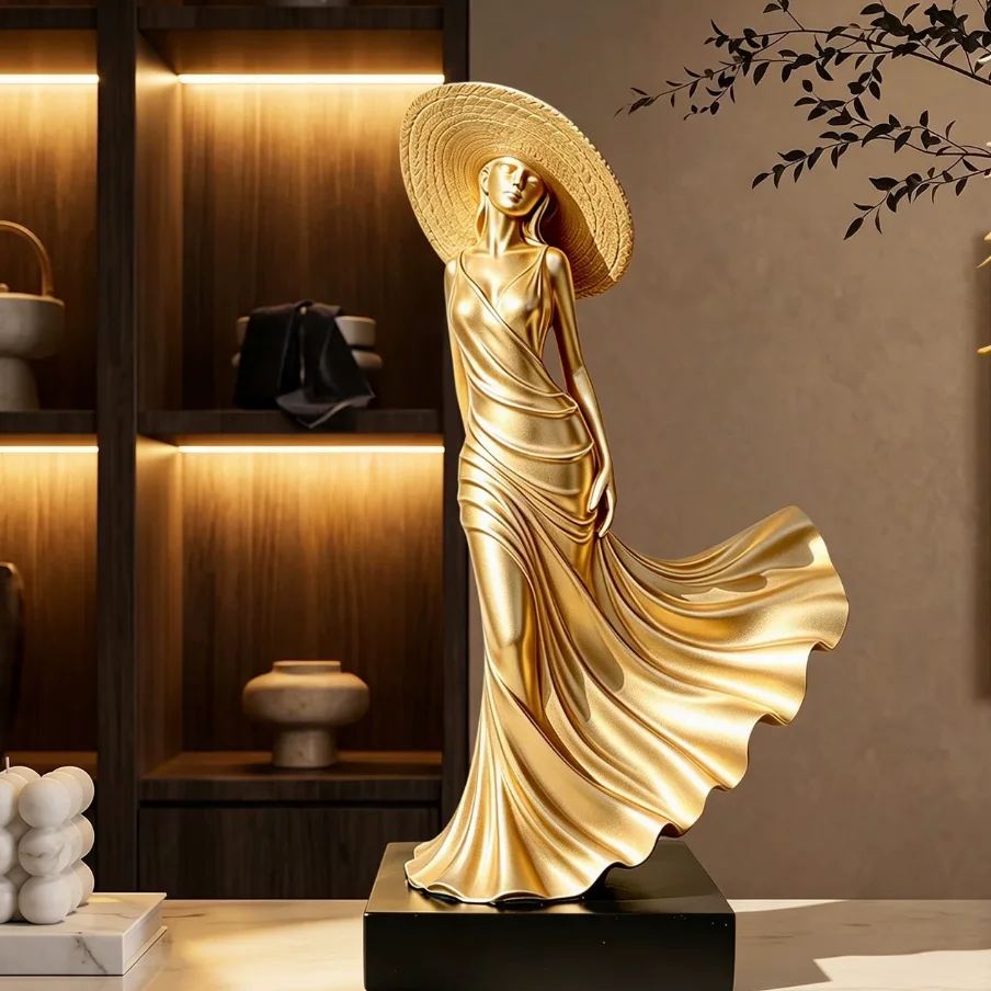 Abstract Art Girl Sculpture, Golden Plush Figure Sculpture, Living Room Decoration, Resin Crafts, Home Decoration Accessories
