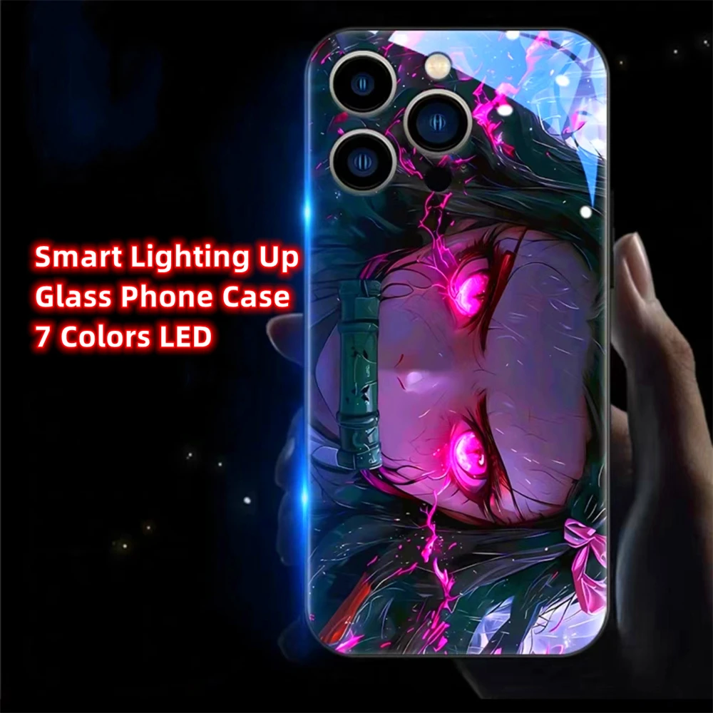 Japanese Popular Anime Role Smart LED Light Up Glass Phone Case For VIVO IQOO 12 11 10 9 8 Pro X100 X90 X80 X70 X60 X50 Pro Plus