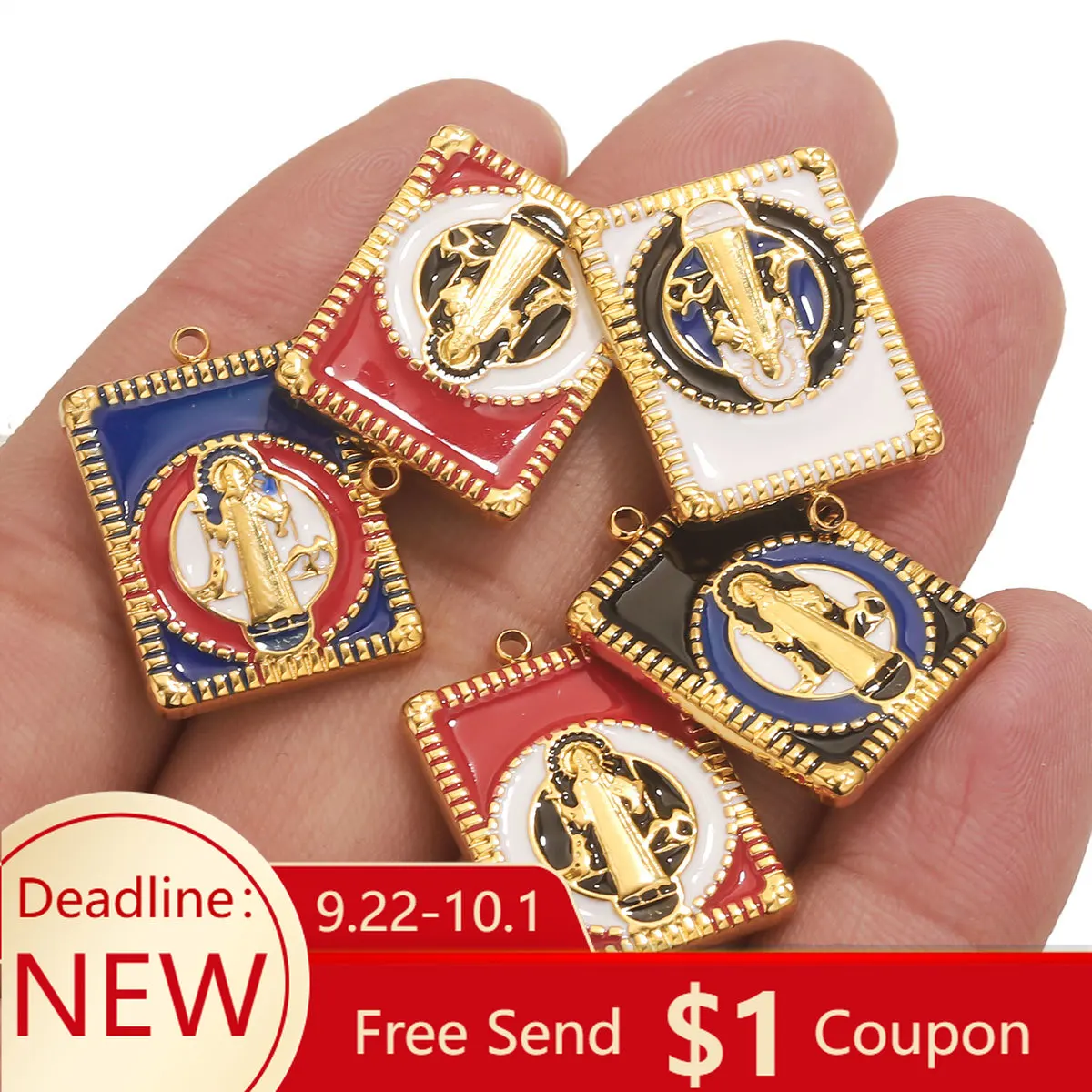 

5pcs Stainless Steel Gold-Plated Black Enamel Square Charm Virgin Mary DIY Necklace Earring Jewelry Making Accessories Wholesale