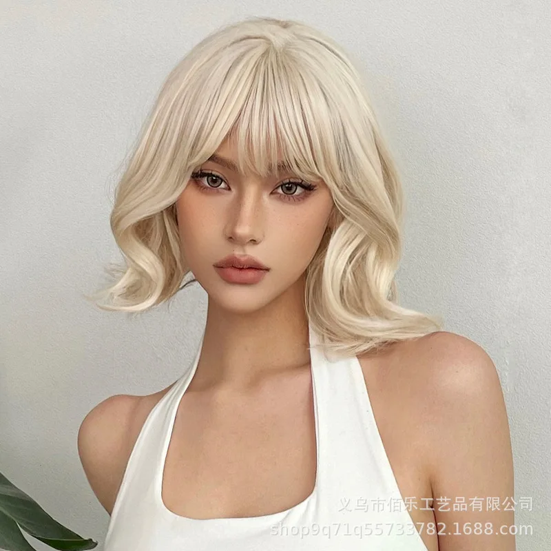 European and American style platinum blonde bob short curly wig with bangs, holiday style full head wig