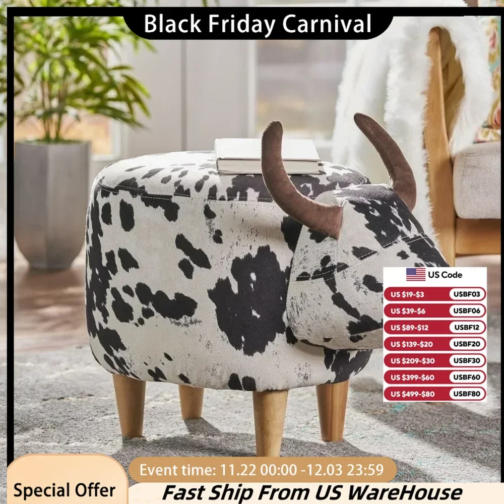 Cow-Shaped Velvet Ottoman, Cute Wood Foot Stool, Shoes Changing Seat, Cushioned for Adult, Porch Furniture, Stool