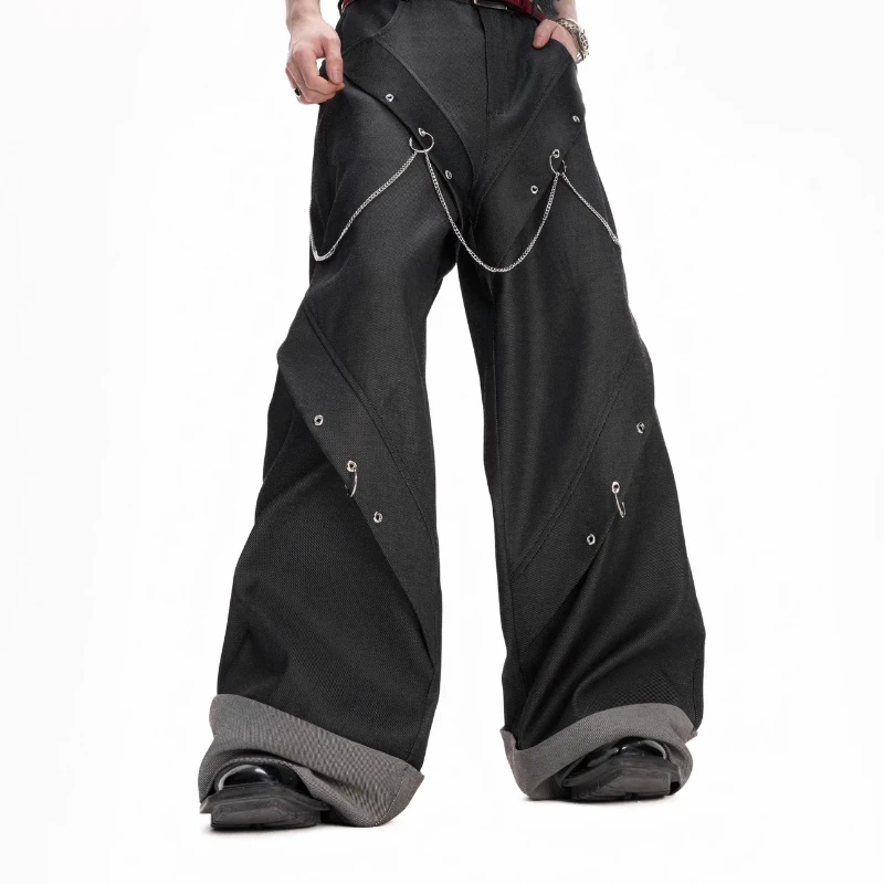 Men's 2025 Summer New Fashion Detachable Chain Irregular Design Trousers Loose Straight Wide-leg Pants Male Very Cool Trousers