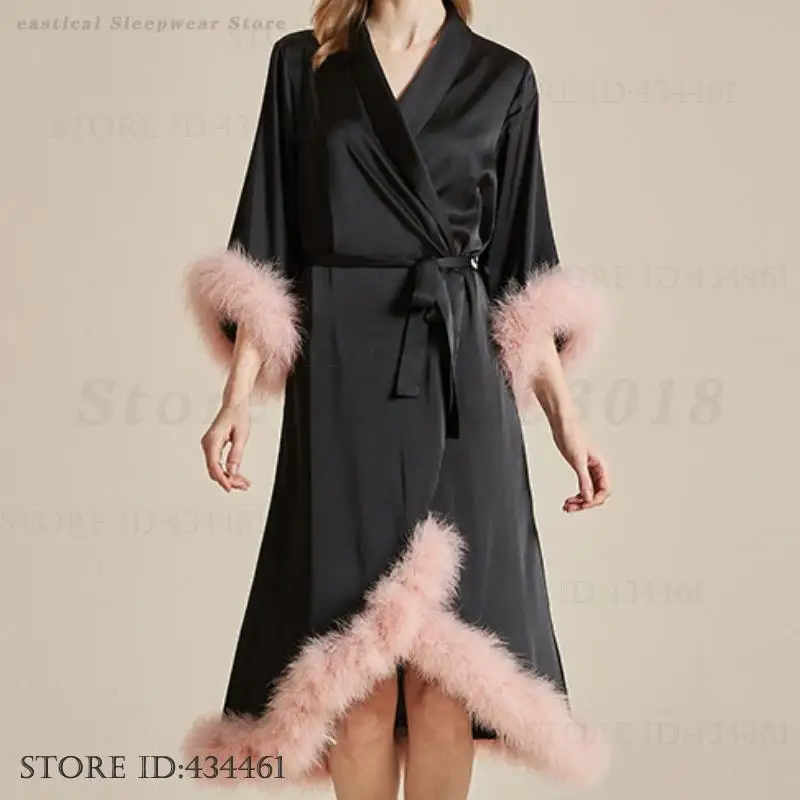 

Роскошное свадебное платье невесты с перьями, кимоно с короткими рукавами, халат, свободная шелковая атласная ночная рубашка, повседневная домашняя одежда, пижама