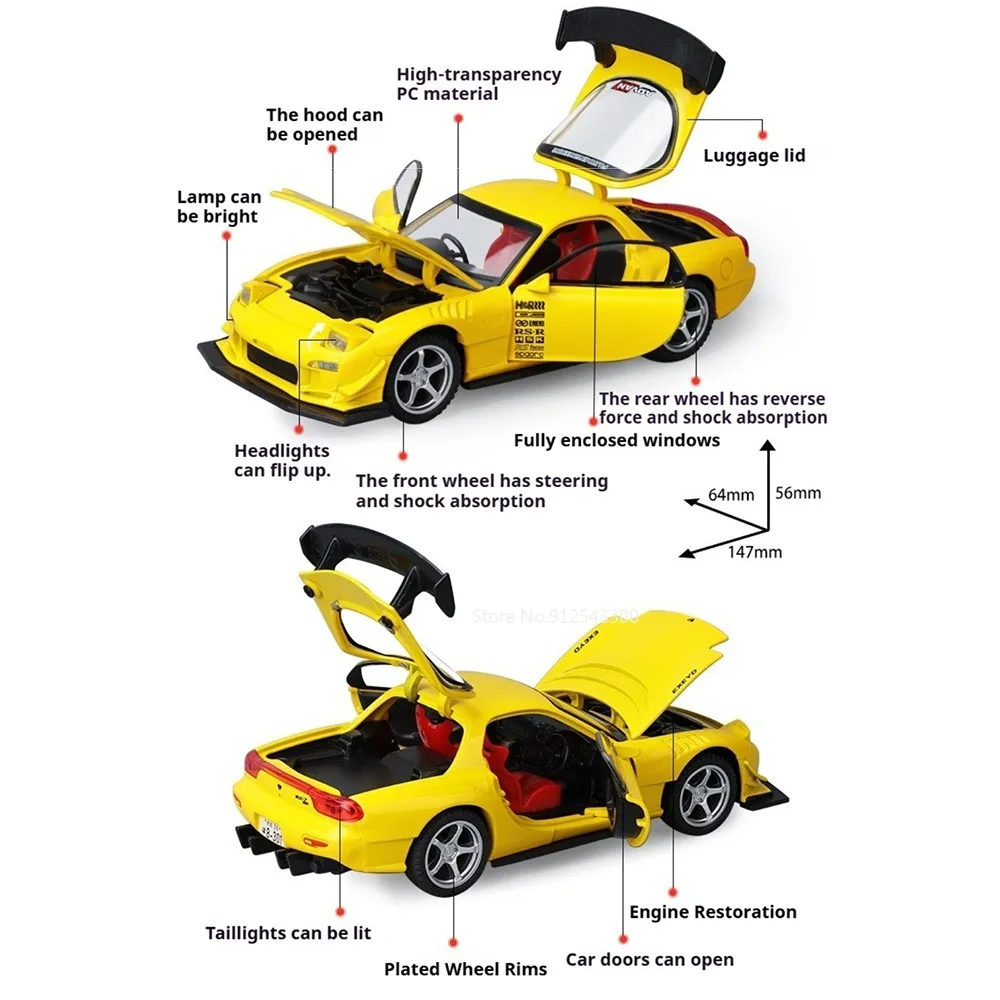 1:32 RX-7 FD3S Car Model Toy Front Wheel Steer Sound Light Cars Pull Back Shock Absorption Vehicle Educational Gifts for Child