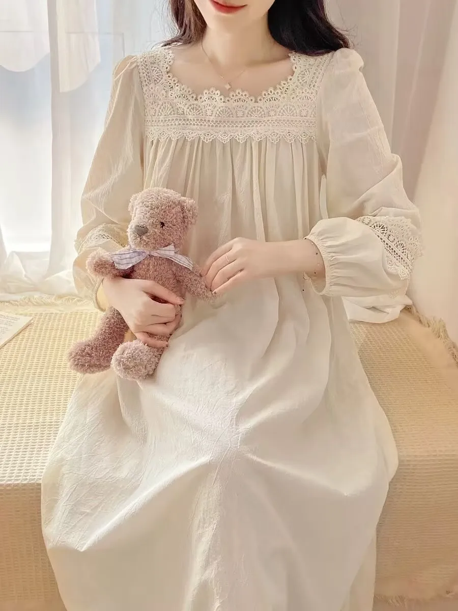 Womens Cotton Nightgowns Long Sleeved Lace Home Dress