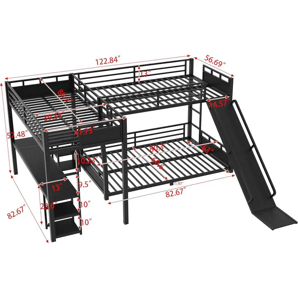 Heavy Duty Triple Bunk Bed, Twin XL Over Queen L-Shaped with Slide, Desk, and Storage, Black view 2