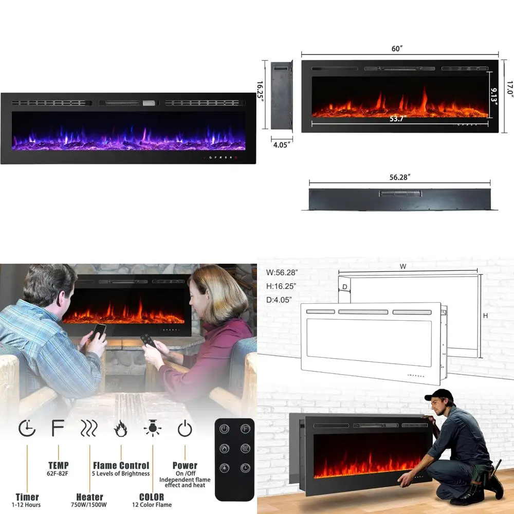 60 Insertos para chimenea eléctrica LED de bajo consumo de 750 W/1500 W, montados en la pared con control remoto