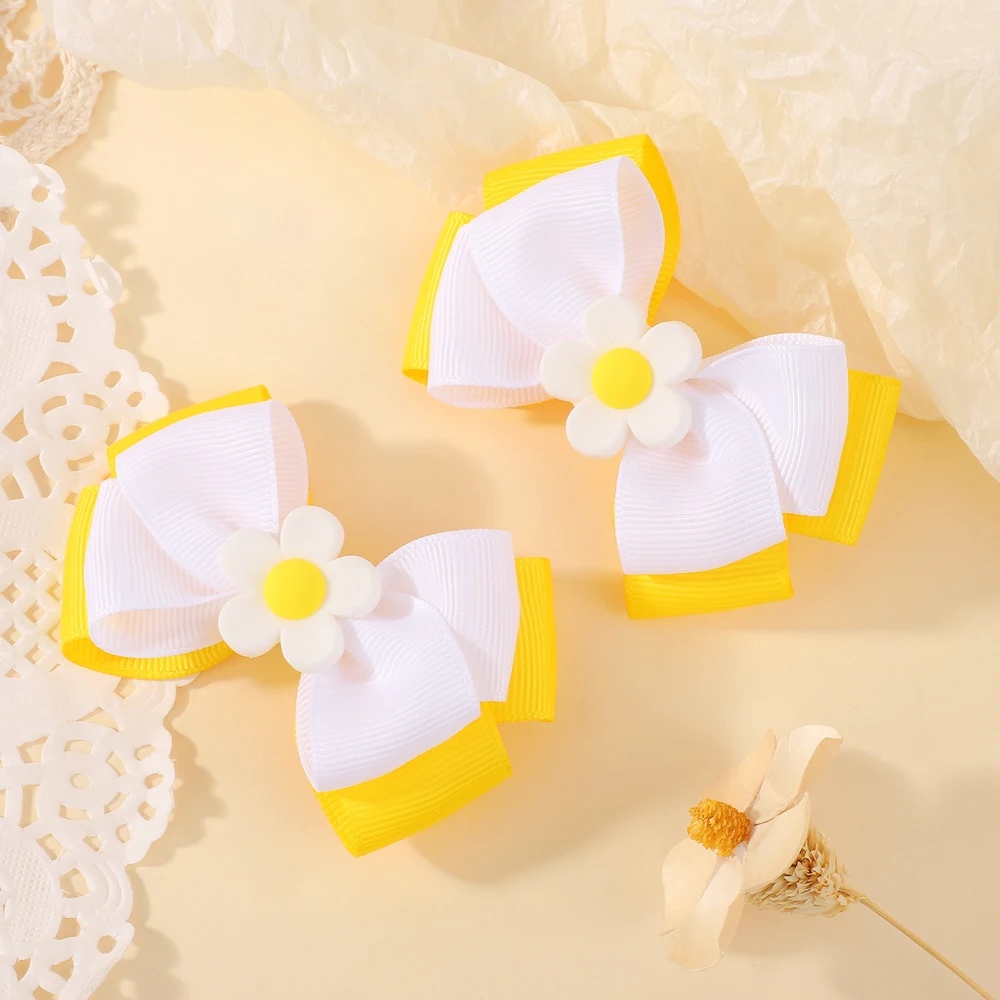 2Pcs Cute Daisy Bows Hairclips for Childrens Boutique Headwear Lovely Hairgripes Kids School Party Headdress