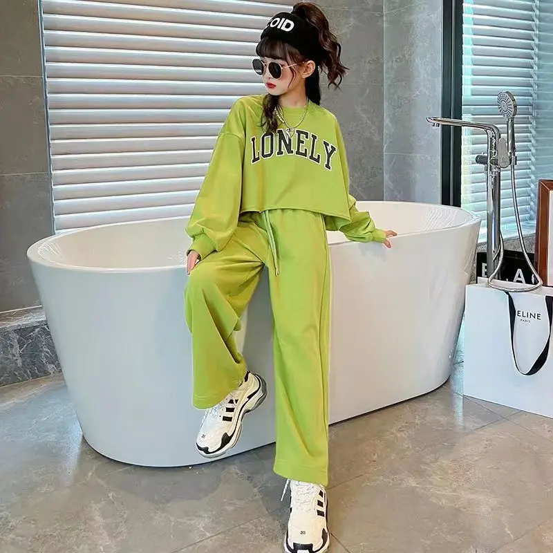 Kids Girls Clothing Sets 2024 Fashion Autumn Long Sleeve T-shirts + Wide Leg Pants 2PCS Children\'s Clothes Teen 8 10 12 14 Year