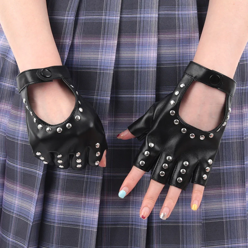 Black Gothic Rivets Fingerless Gloves Semi-Fingers Breathable Driving Men Women Pu Leather Punk Gloves Halloween Dance Gloves