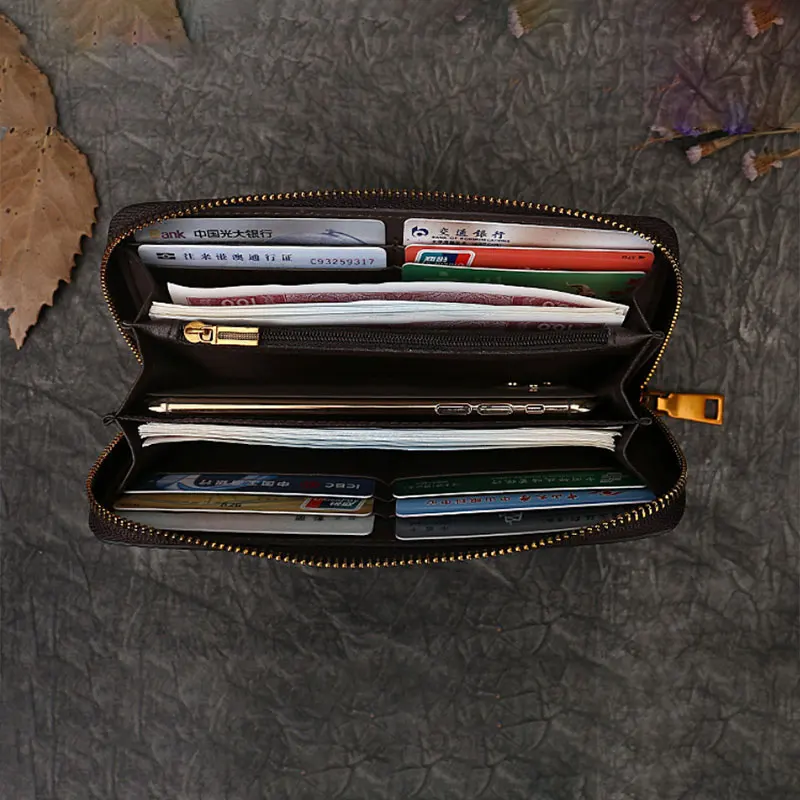 Bloem en plant reliëf lange lederen portemonnee creditcard slotzipper tas draagbare tas vintage dames toplaag koeienhuid portemonnee