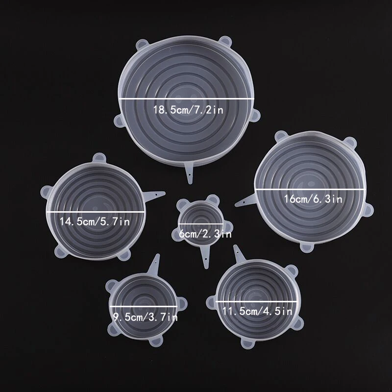 Tapa de silicona elástica ajustable para alimentos, tapas extensibles universales para latas, platos, cuencos, reutilizables, 6 unidades por lote