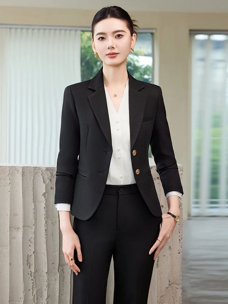 Black Suit Set Women's Long Sleeve Interview Workplace Fashionable Formal Outerwear Polyester Fiber round Hemline Single Button