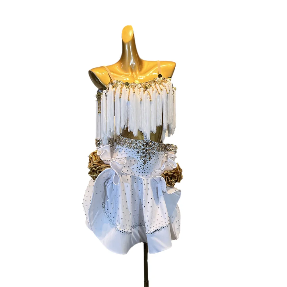 Latin Dance volwassen kinderjurk AB Stone High-End Custom Gold Flower Rok Tango professionele dameskleding