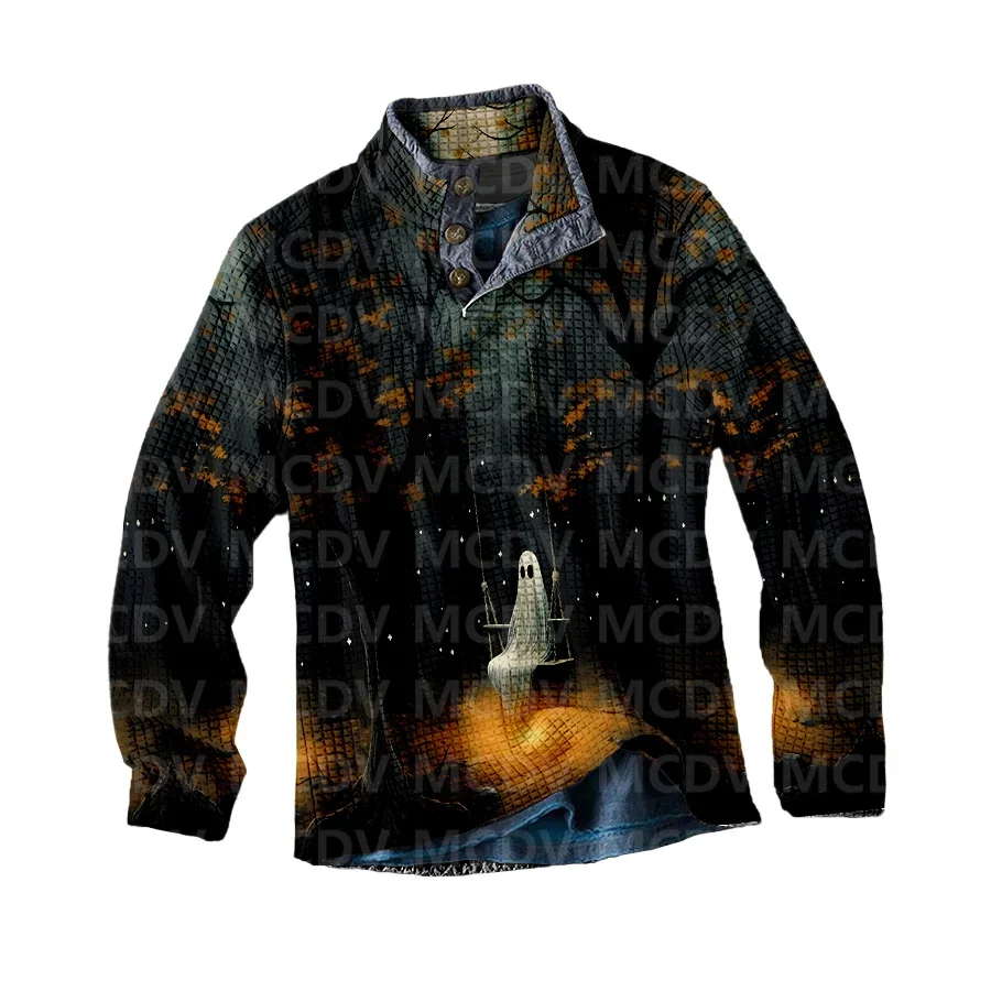 Men's Long Sleeve Casual Top Halloween Ghost 3D Printed Casual Men's Polo Pullover Men Sweater