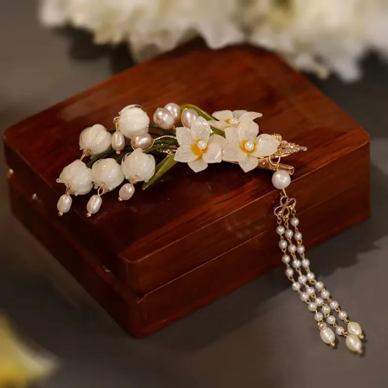 FXLRY Original Handmade Natural Pearl Vintage Lily Of The Valley Antique Tassel Hairpin Side Bangs Clip Side Clip Hair