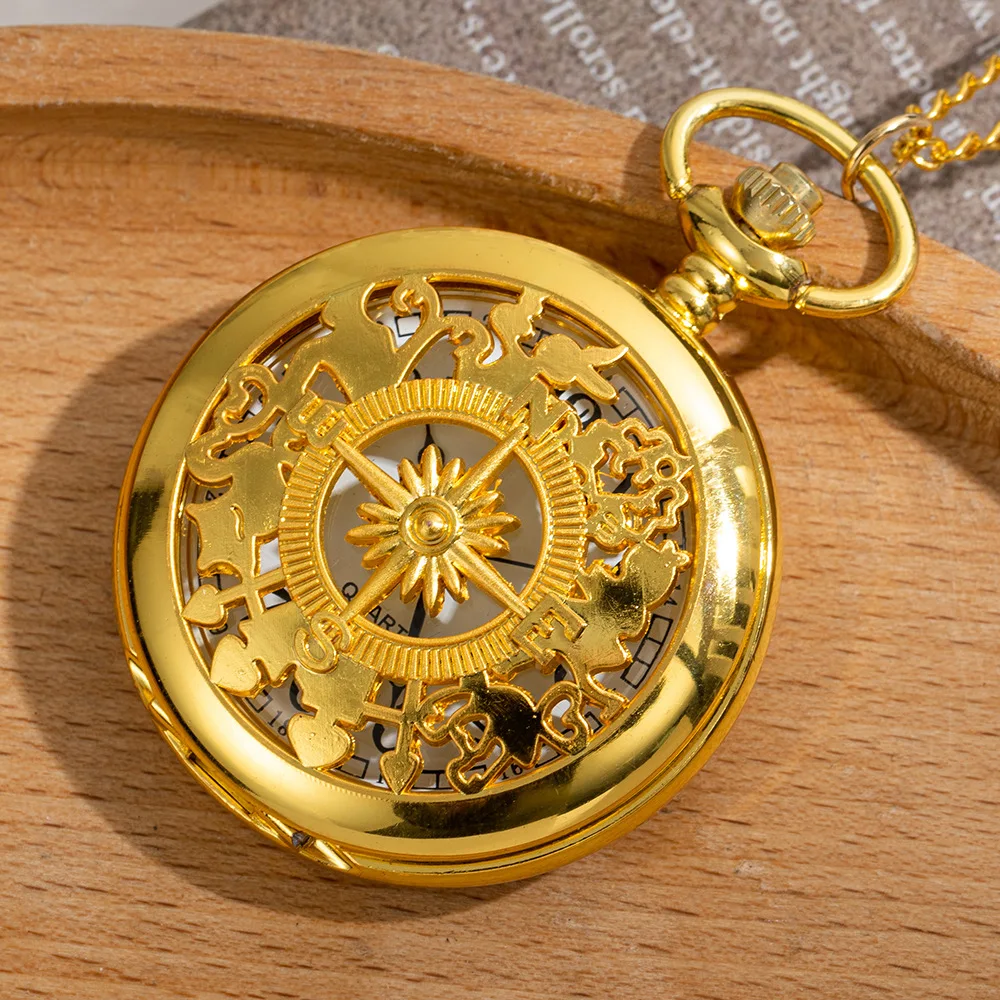 Antique Steampunk Vintage Arabic Numerals Quartz Pocket Watch Gold Case Necklace Pendant Clock Chain Mens Women