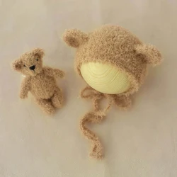 Accesorios de fotografía para bebé, muñeco de oso de peluche y sombrero, 2 unidades por juego, utilería decorativa para estudio de fotografía de recién nacido