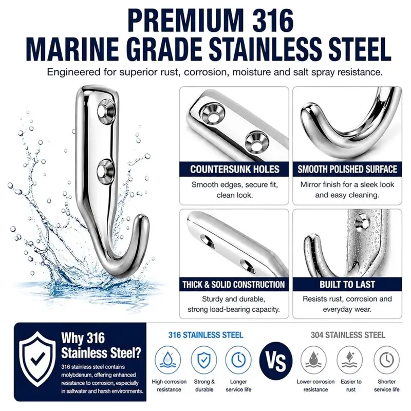 DTEN-6 Pack 316 Stainless Steel Wall Hooks For Garage Kitchen