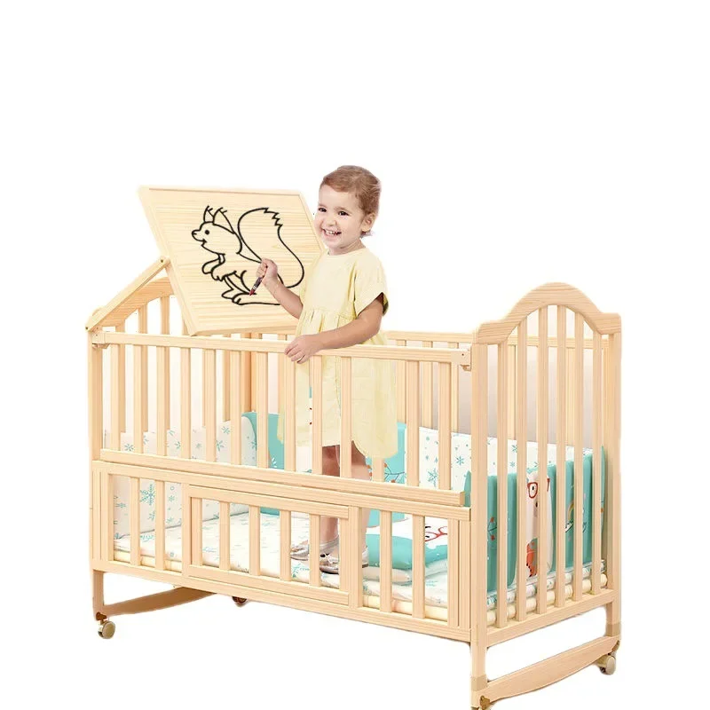 Baby Crib Splicing Large Bed Solid Wood Unpainted Multifunctional Bb Cradle Bed Baby Crib Movable Baby Crib