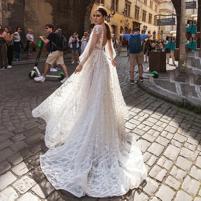 Elegantes vestidos de noiva fofos para mulheres, mangas compridas, fora do ombro, apliques princesa renda, trem tribunal, vestido de noiva praia