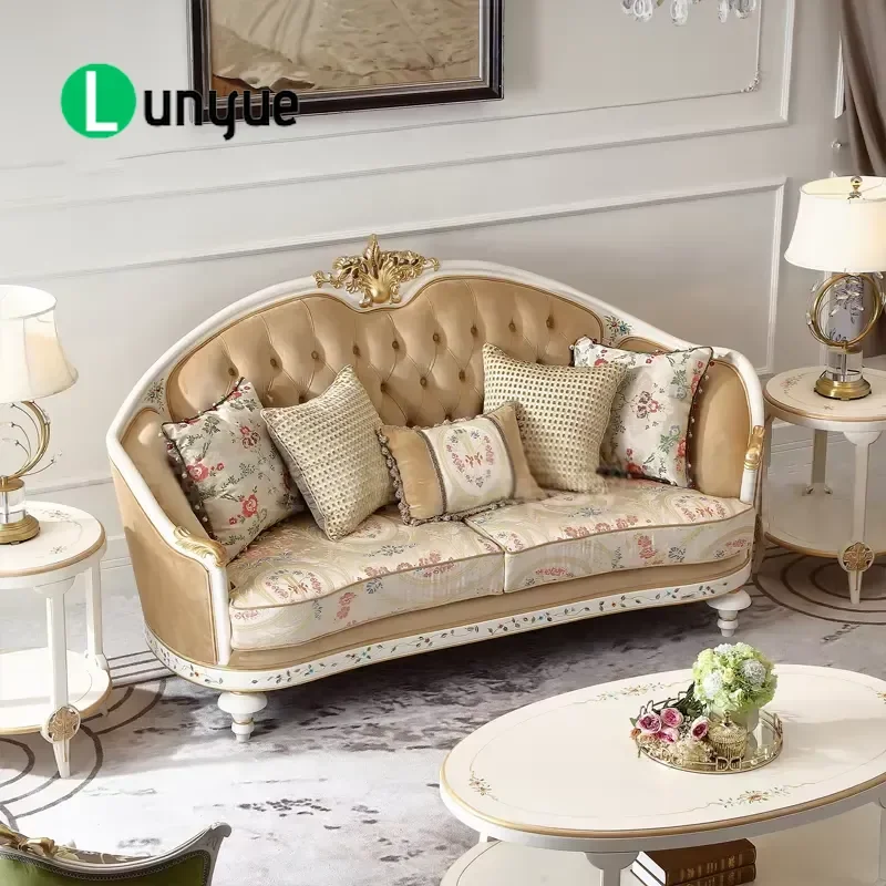 Solid Wood Royal European Style 3 Seat Sofa Luxury Villa Living Room Furniture Comfortable High End Home Decor