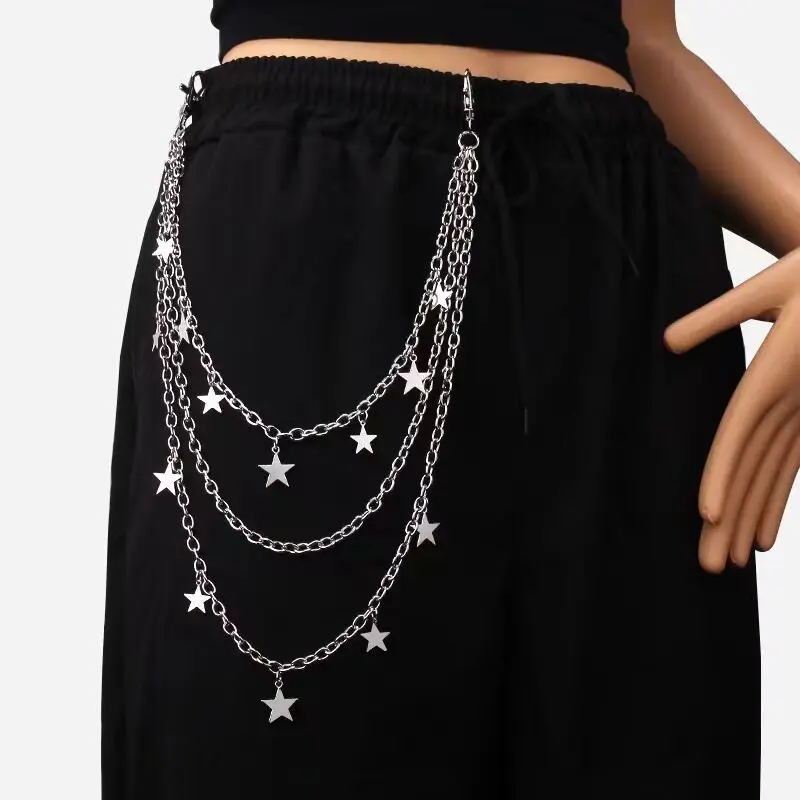 ใหม่ Hip-Hop Punk โลหะ Rivets กางเกง Multi-Layer เอว CHAIN Dress UP กางเกงร้อยเครื่องประดับ