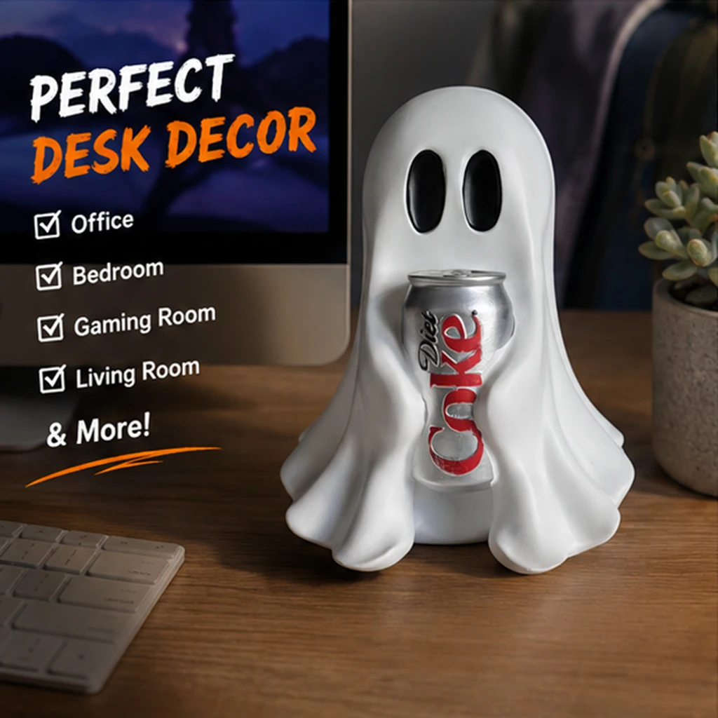 Funny Ghost Holding Soda Can Resin Statue Halloween Desk Decor Cute Spooky Room Ornament Gift for Home Office Decoration