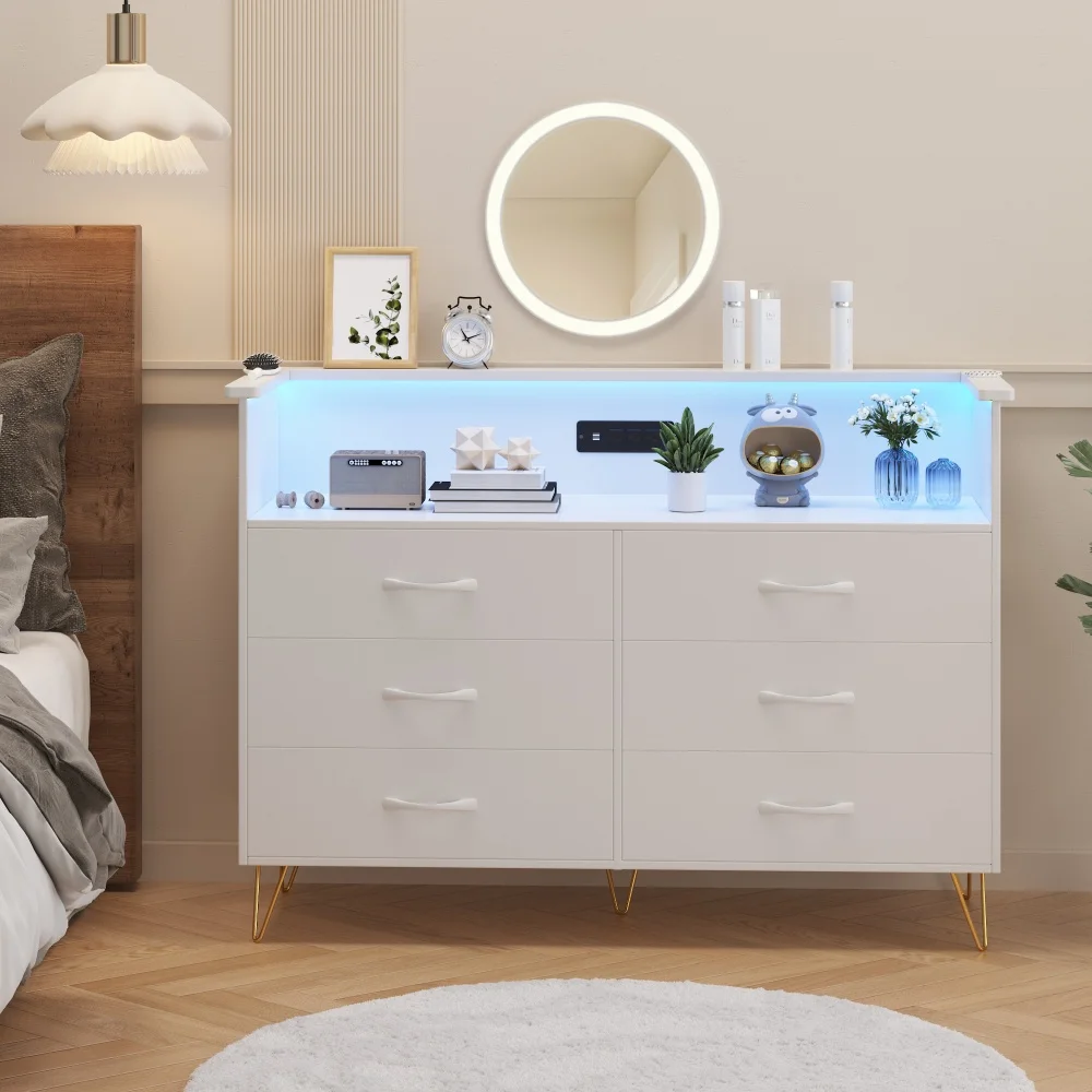 Dresser for Bedroom with LED Light & Charging Station 6 Drawers Dressers with 2-Tier Open Shelves, Chest of Double Wide Drawers