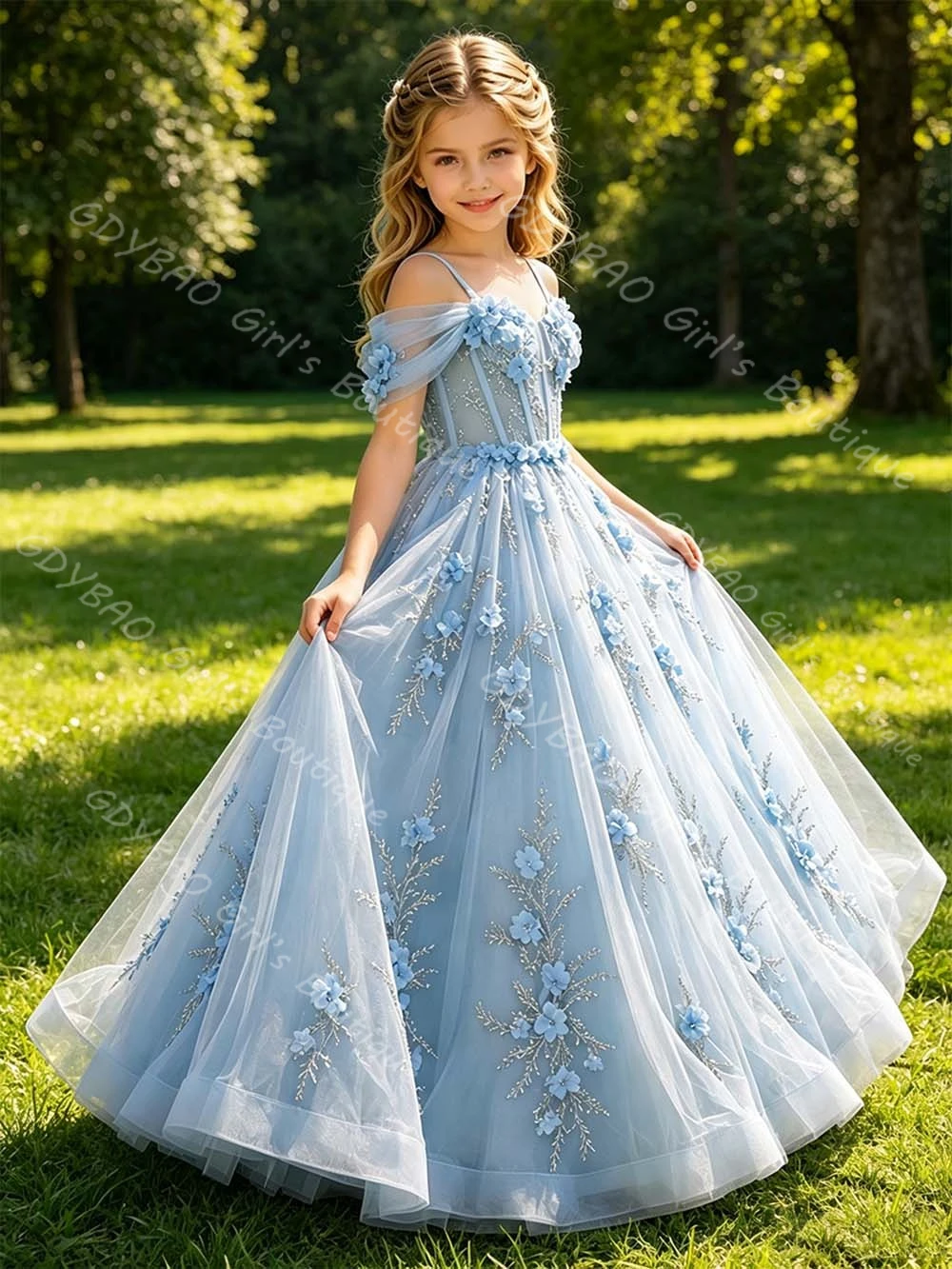 Toddler Girl Tulle Party Dress - فستان أميرة أزرق ثلاثي الأبعاد مزين