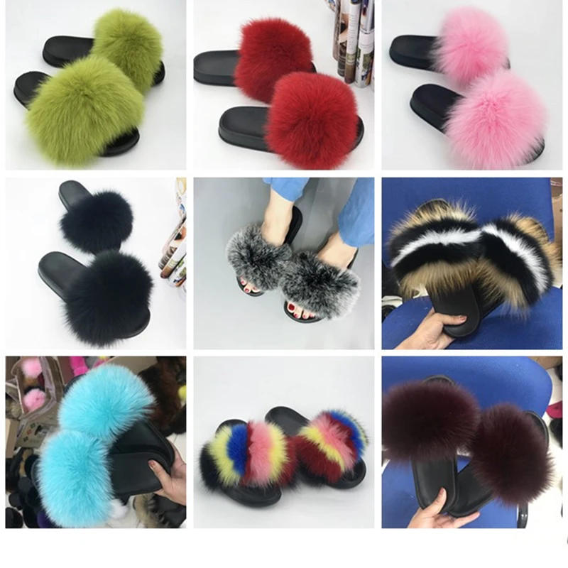 

2022 Summer Fur Slides Real Fox Fur Slippers Colorful Outdoor Dress Shoes for Women Custom Party Shoes Luxury Fluffy Sandals