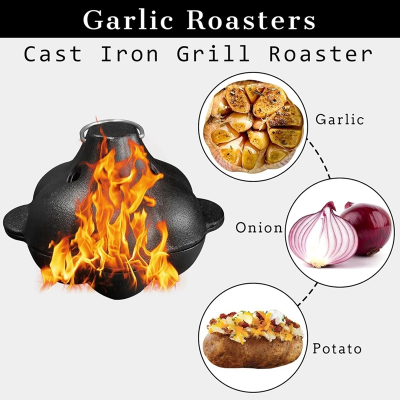 Cast Iron Smoker Roaster Garlic Roster Baker, Smoker Box, Pre-Seasoned Cast Iron Garlic Roaster For Grill, For BBQ