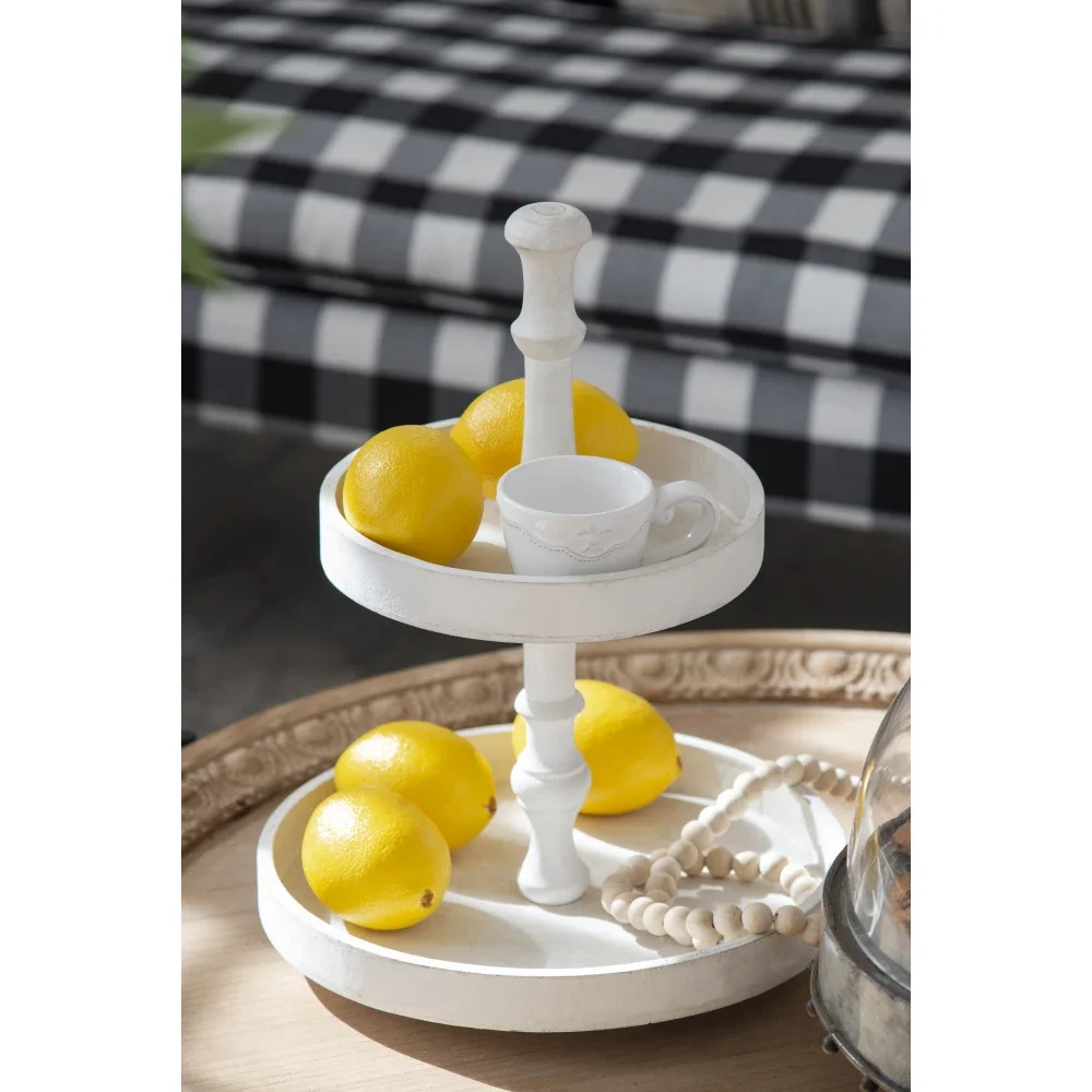 

D11.8x15.4" Two-Tiered Round Wooden Tray, Classic White Finish, Simple Striking Two-tiered Design
