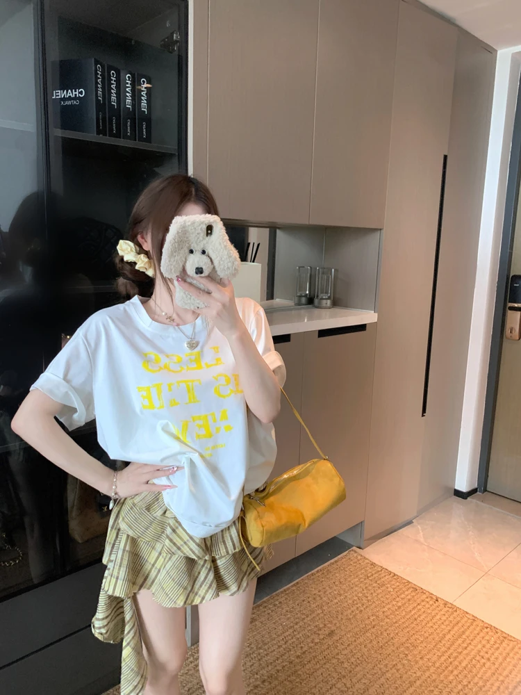 

Lazy Style Letter Print Short Sleeve T-Shirt And Plaid Skirt Two-Piece Set for Women Summer Color Block Fashion Outfit