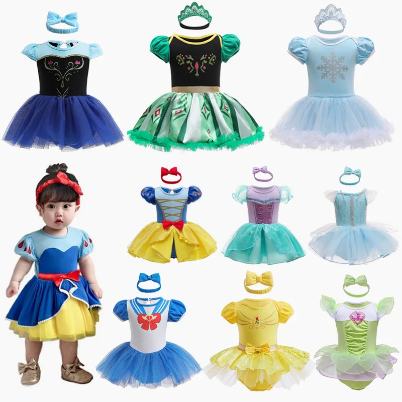 Baby Romper TUTU Dress Mermaid Snow White Elsa Anna Belle Cinderella  Costume Jumpsuit  Cute Design Baby Cotton Dress+Headband