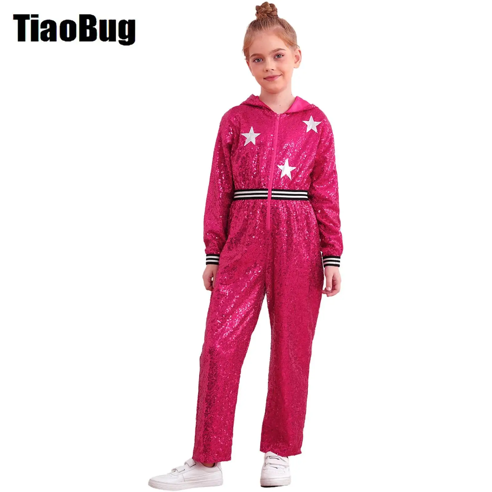 

Kids Girls Hip Hop Jumpsuit 90s Theme Party Costume Long Sleeve Metallic Star Sparkly Sequin Zipper Hooded Dance Jumpsuit