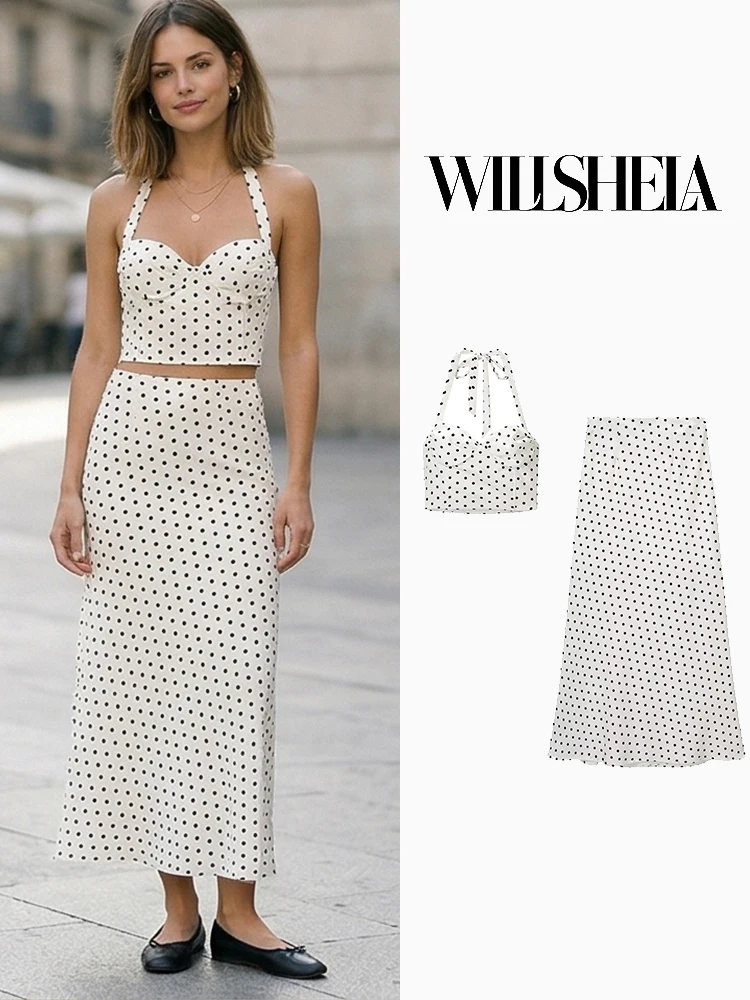 

Willshela Women Fashion 2 Piece Sets Dot Bowed Halter Neck Tops & Vintage Side Zipper Midi Skirt Female Chic Lady Skirts Set