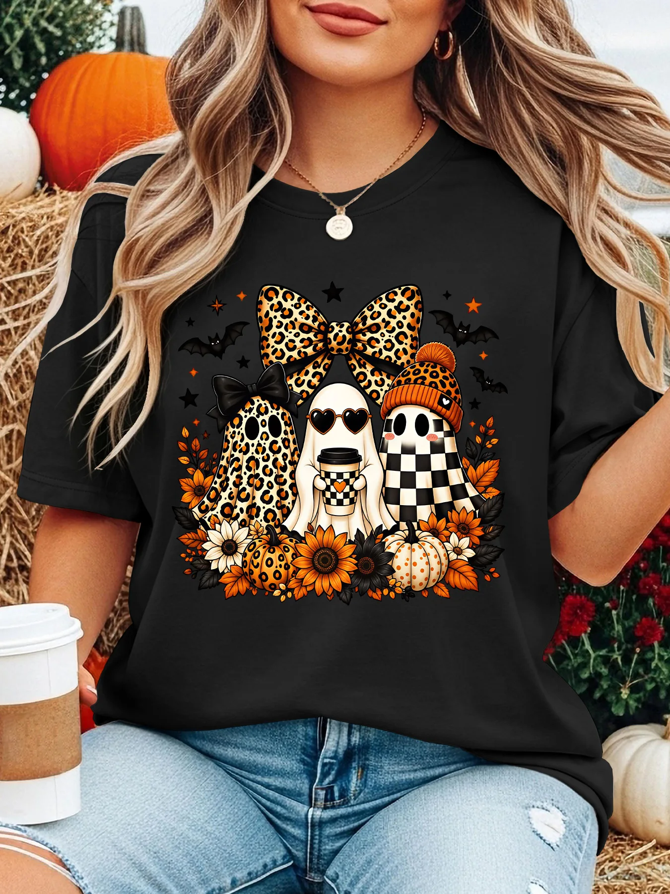 Women Crew Neck Tee Leopard Bow Ghosts Coffee Pumpkin Graphic Print Short Sleeve Loose Ladies Cotton Plus Size Casual Top