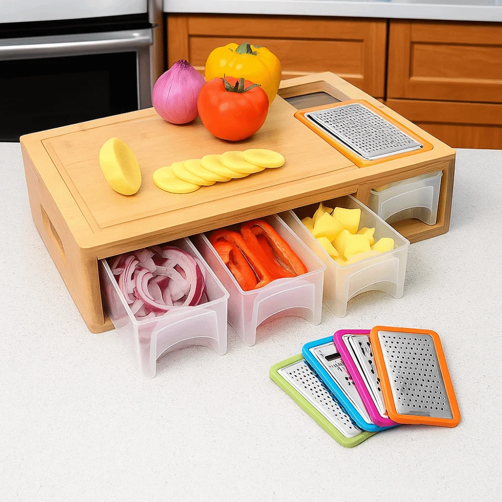 

Бамбуковый многофункциональный набор разделочных досок с контейнером и теркой, конструкция разделочной доски, квадратная разделочная доска для салатов