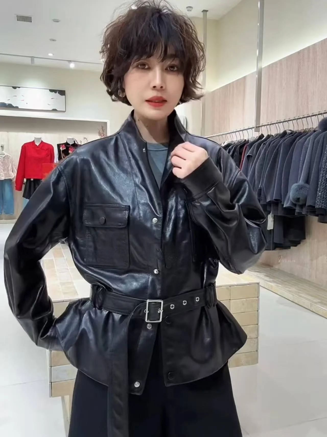 

Ning 2026 New Sle Women's Leather Jaet eepskin Coat Luxury Sensation Slim Fit Long Sve Zipper Closure