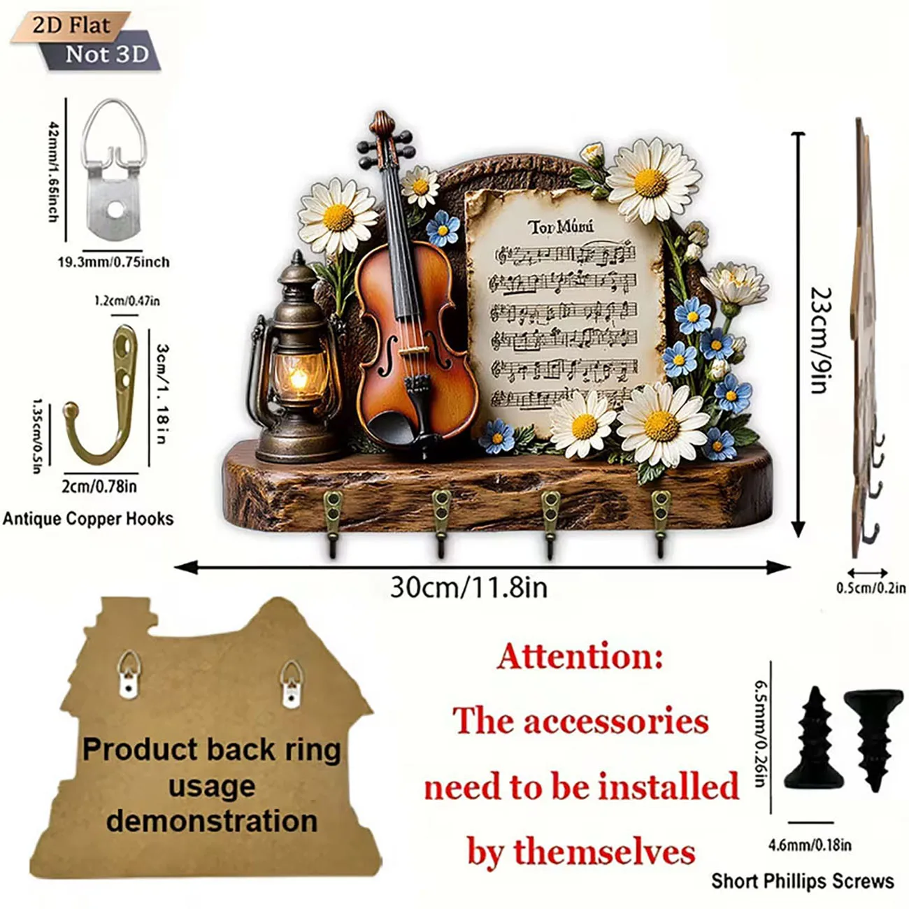 2D flat key holder with violin sheet music daisies and vintage lantern print, four hooks, musical rustic wall decor.