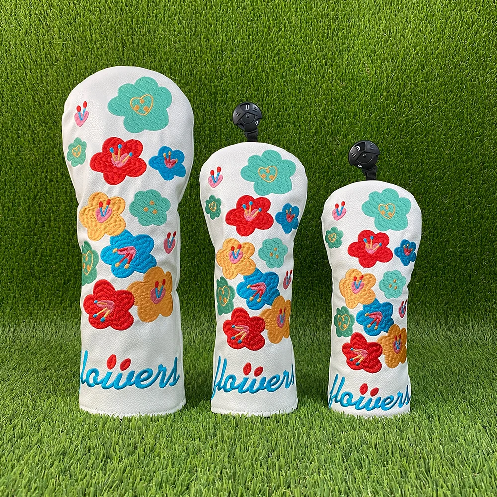 Spring Flower Golfer Gift Golf Club Headcovers White Premium Leather Golf Driver Fariway Wood Covers Hybrid Head Covers 3 Wood