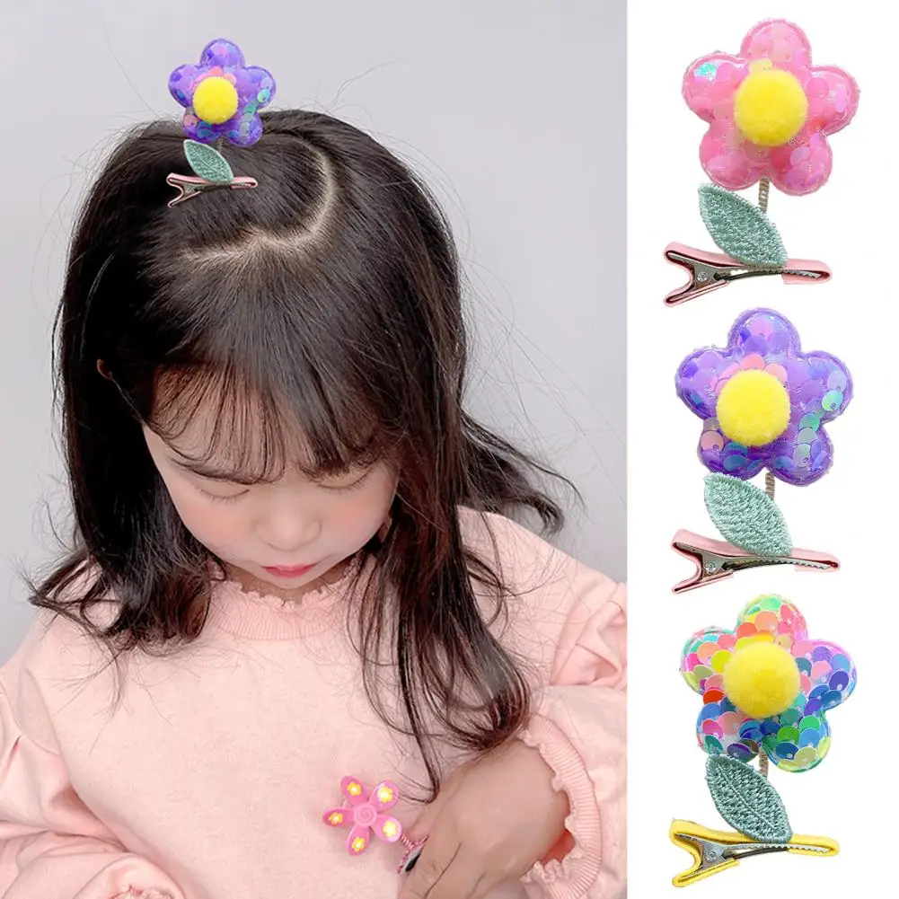 Children Hair Clip Cartoon Flower Shape Sequin Girls Hair Pin Elastic Spring Swing Hair-fixed Anti-rust Leaf Decor  Barrette